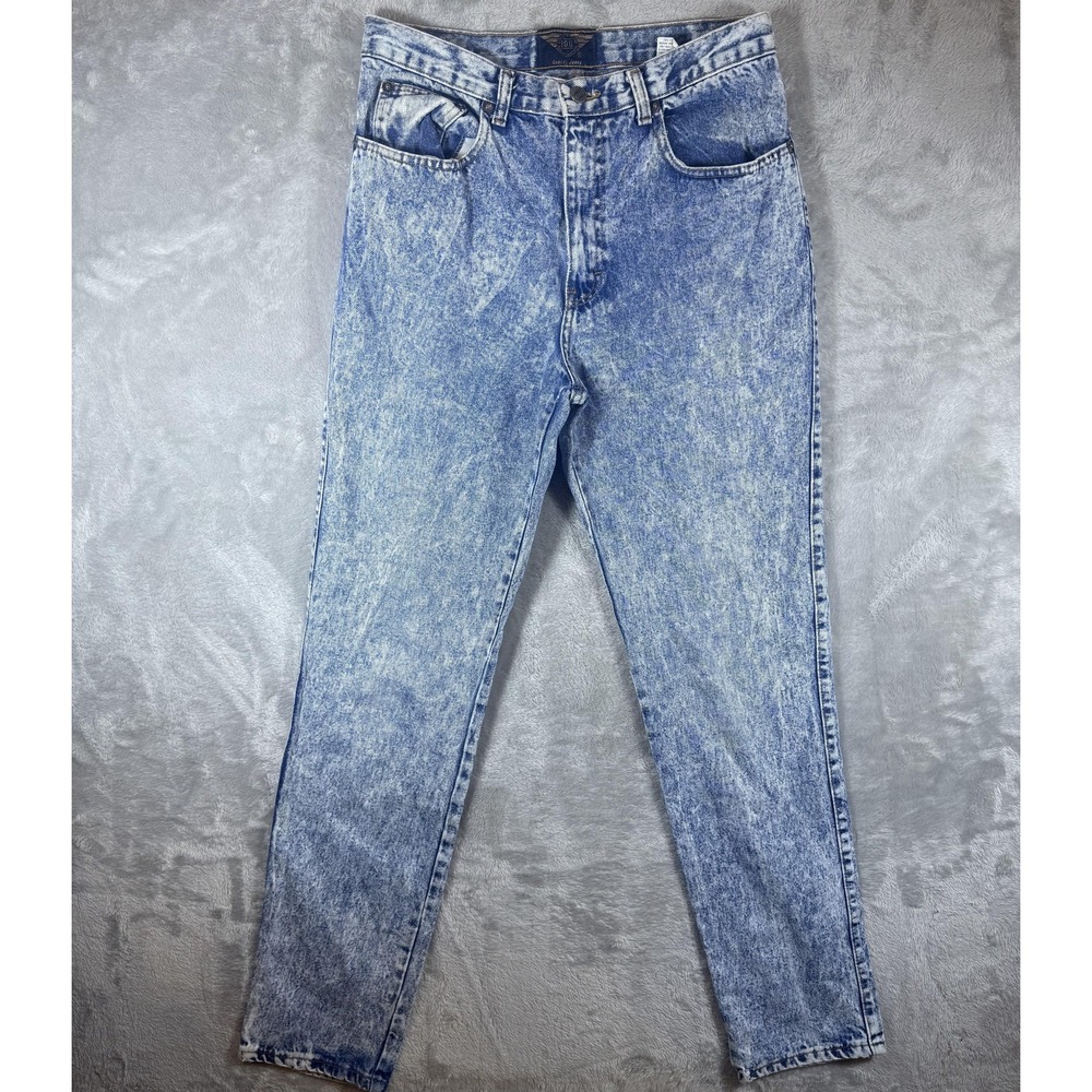 IOU Jeans Mens 33x34 Blue Acid Wash High Rise Tapered Zip Fly 100% Cotton Denim